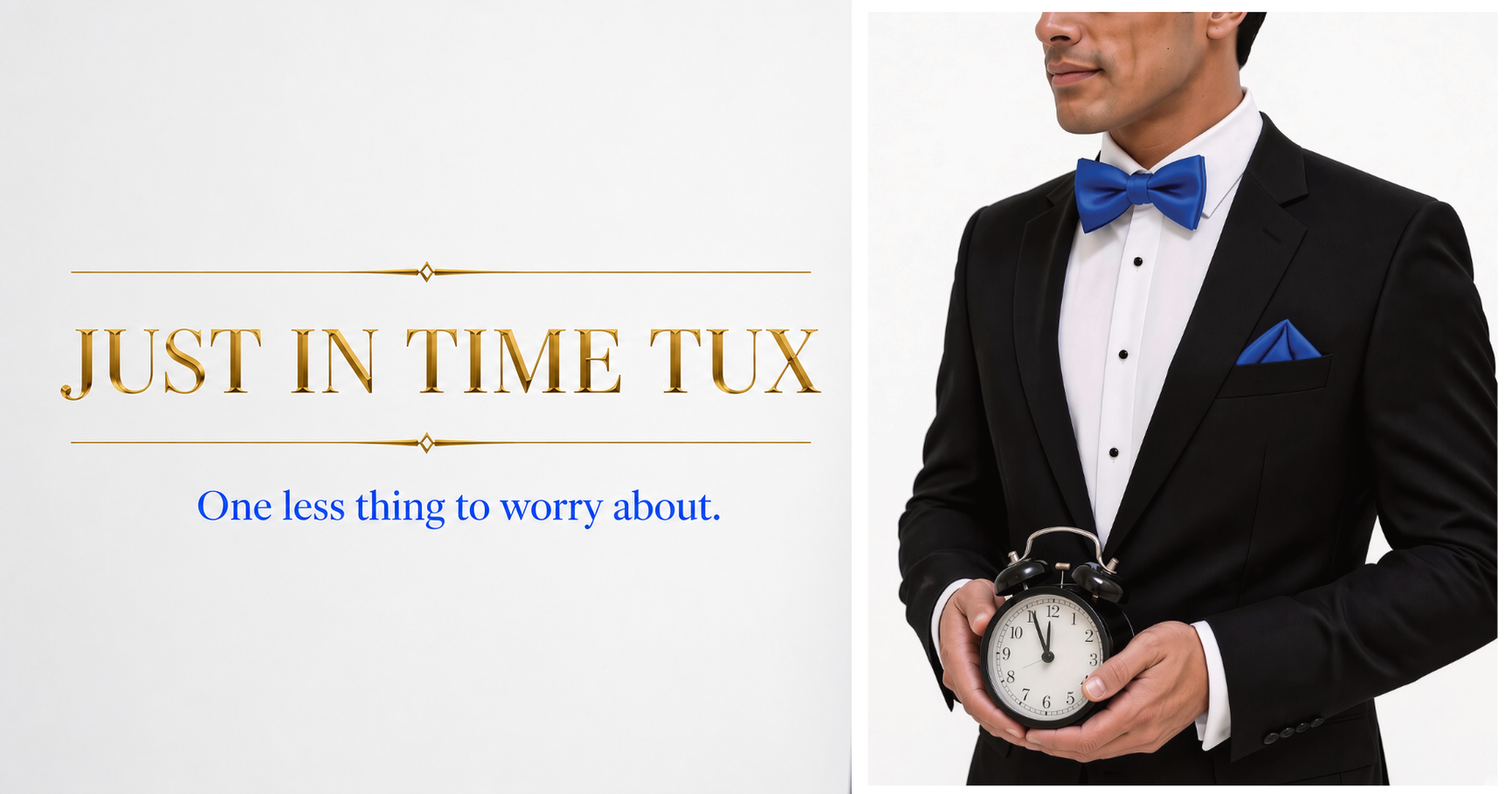 Black tuxedo with matching cobalt bow tie and pocket square beside the Just in Time Tux name and service promise